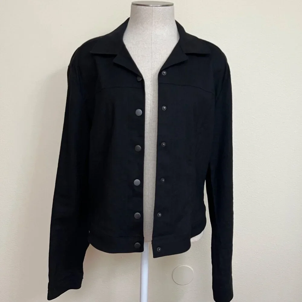 TAHARI Black Button-Front Long-Sleeve Linen Blend Jacket Women’s Large - Picture 2 of 9